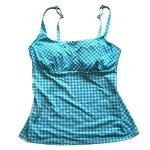 LANDS’ END Light Aqua & Blue Gingham Check Adjustable Strap Tankini Top Size 10